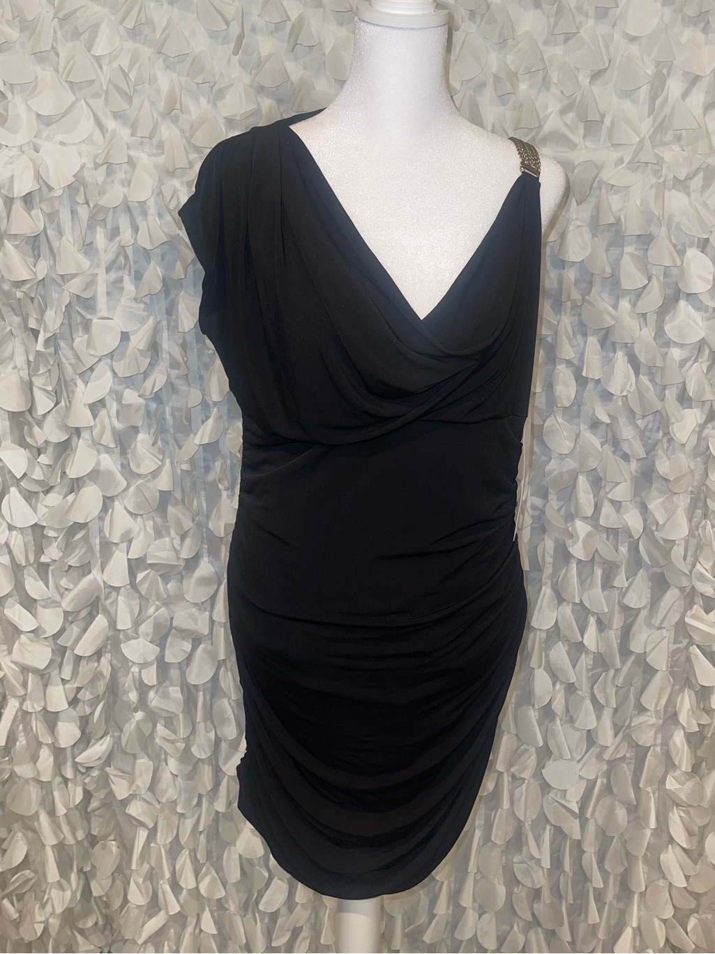 Boston Proper Black One-Shoulder Draped Cocktail Dress With Chain Accent
